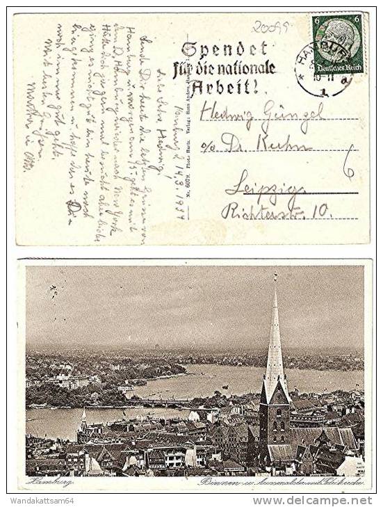 AK Hamburg Binnen- U. Aussenalster Mit Petrikirche 15. 3. 34 10-11 HAMBURG 1 D EINKREISSTEMPEL Nach Leipzig - Bergedorf