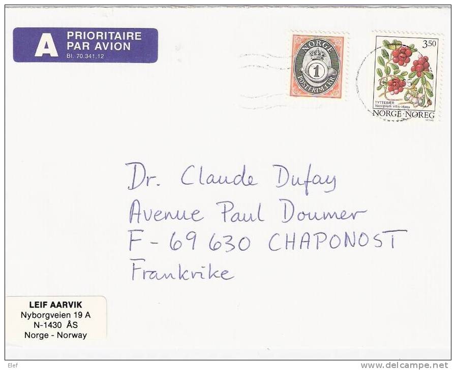 NORGE / Norvège,lettre De AS Du 16.5.1995 + Timbres "Cor" + Fruit "Tyttebaer Vaccinium Vitis-idaea " > Chaponost, France - Lettres & Documents