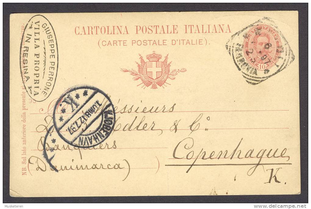 Italy King Umberto Postal Stationery Ganzsache Intero Cartolina Postale Resina 1897 To Copenhague Danimarca - Entiers Postaux