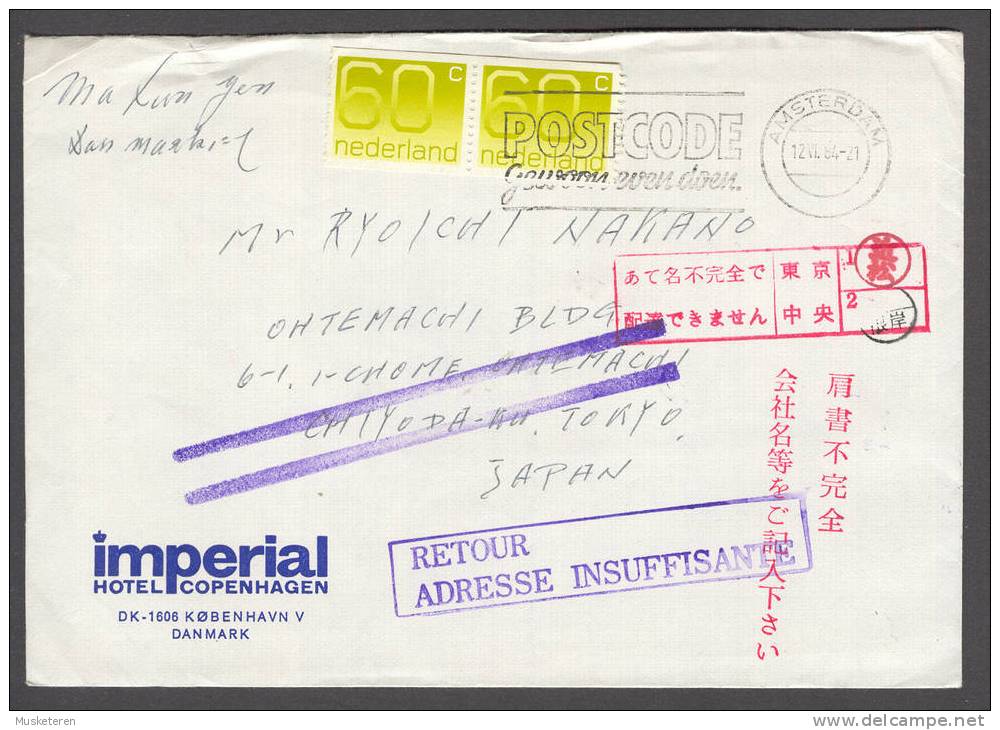 Netherlands Imperial Hotel Copenhagen Cover Amsterdam 1984 Cancel To Tokyo Japan Retour Adresse Insuffisante Violet - Covers & Documents