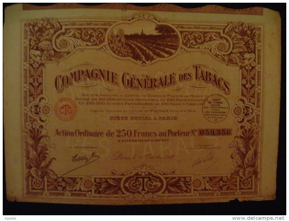 Share/Action Ordinaire Compagnie Generale Des Tabacs Paris 1927 Litho L.Leclerc Excellent état.Tobacco - Agricoltura
