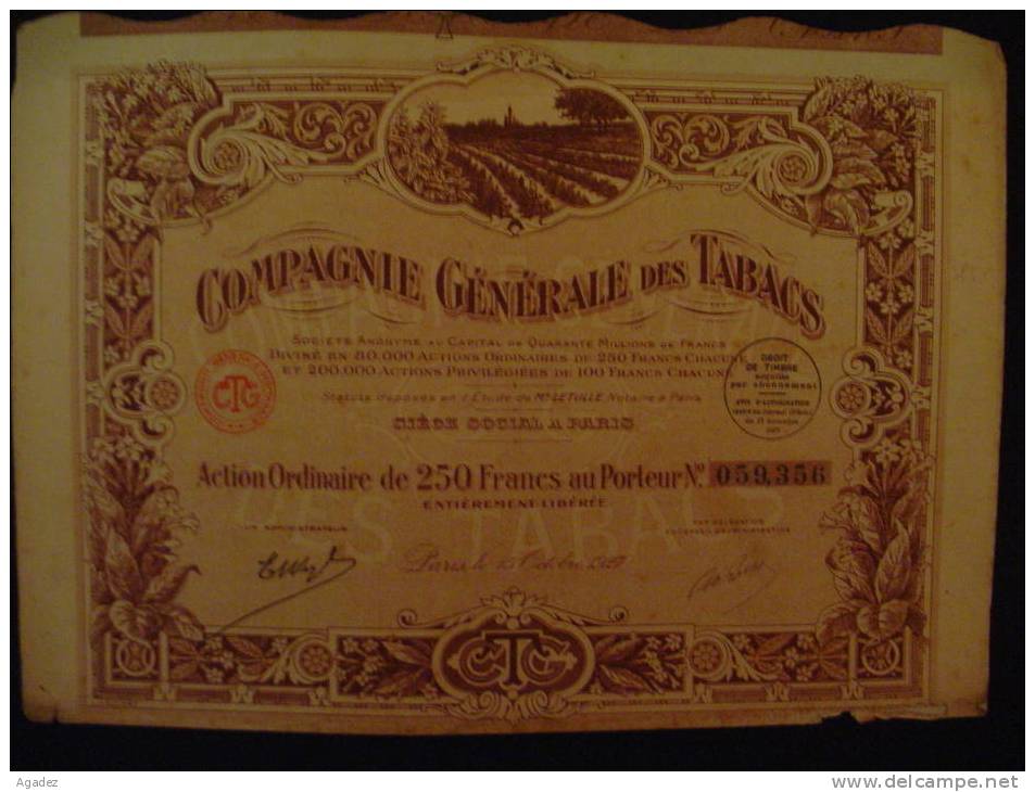 Share/Action Ordinaire Compagnie Generale Des Tabacs Paris 1927 Litho L.Leclerc Excellent état.Tobacco - Landbouw