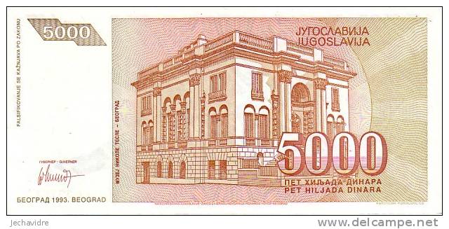 YOUGOSLAVIE   5 000 Dinara  Daté De 1993   Pick 128    ***** QUALITE  XF ***** - Yugoslavia