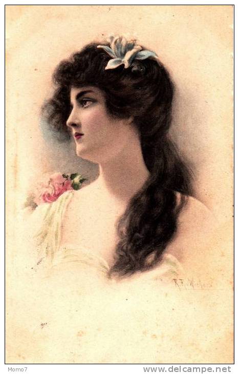 CPA Signée R.R.Wichera, Beau Portrait Femme Style Art Nouveau, Fleur Dans Ses Longs Cheveux . - Wichera