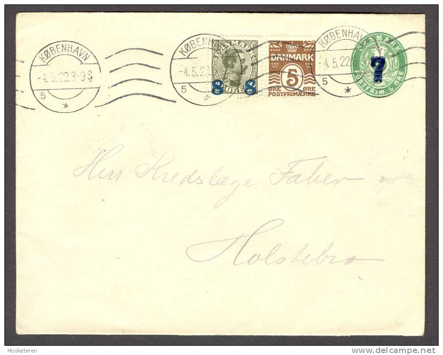 Denmark Uprated Postal Stationery Ganzsache Entier 1922 Provisorium Reverse Side Printed Inverted 7 To Holstebro - Postal Stationery