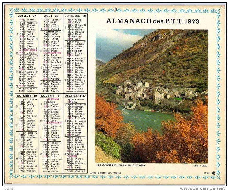Almanach Des Ptt 1973 Oberthur( Parterres De Tulipes) Etles Gorges Du Tarn En Automne Region Parisienne - Grand Format : 1971-80