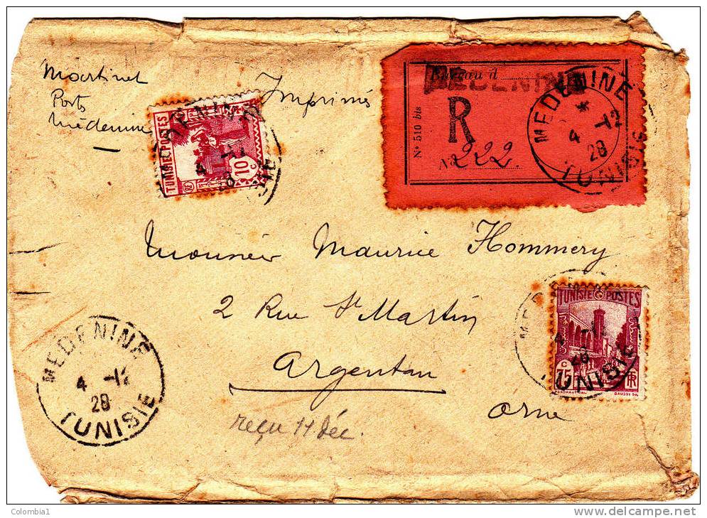 TUNISIE Lettre Recommandée De MEDENINE Du 4/12/1928 Via France - Covers & Documents