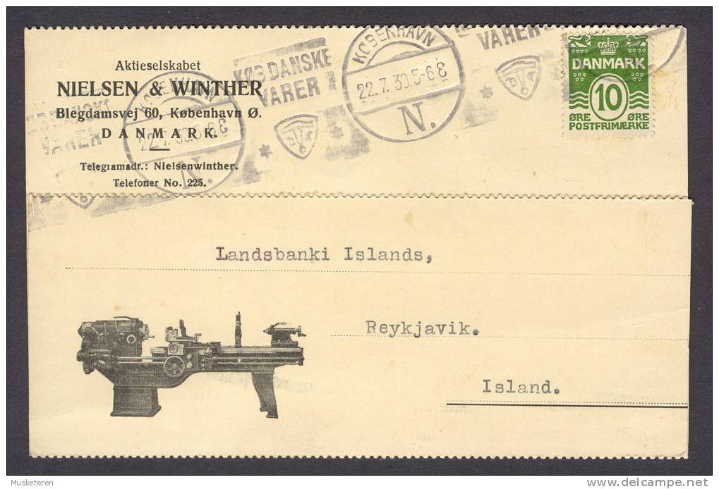 Denmark NIELSEN & WINTHER, TMS Cds. KØBENHAVN N. 1930 Card Karte To Landsbanki REYKJAVIK Iceland (Mi. 120) - Briefe U. Dokumente