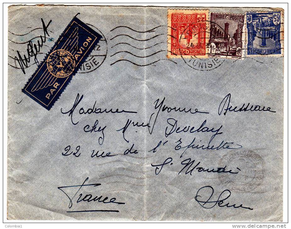 TUNISIE Lettre De TUNIS Du 24/3/1939 Pour La France - Storia Postale