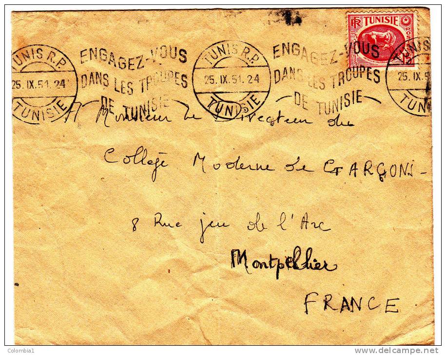 TUNISIE Lettre De TUNIS Du 25/9/1951 Via Montpellier France - Lettres & Documents