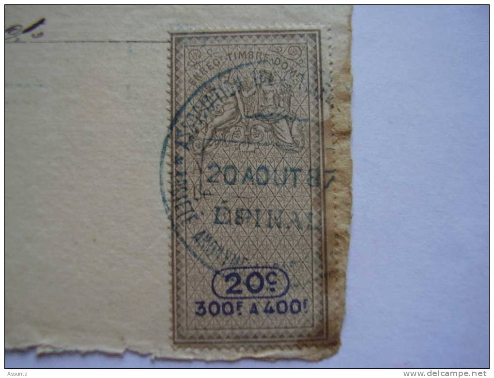 1887 - Assoc. Industrielle De L´Est - Toiles Peintes Boeringer , Jurcher & Cie à Epinal  - Timbre Fiscal 20 C - Bills Of Exchange
