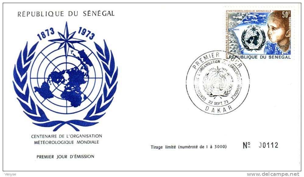 FDC SENEGAL  Centenaire De L'Organisation Météorologique Mondiale 1973 - Climate & Meteorology