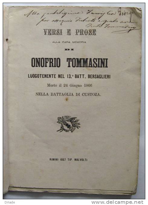 LIBRO VERSI E PROSE MILITARE ONOFRIO TOMMASINI BATTAGLIONE BERSAGLIERI RIMINI  1867 - Libri Antichi