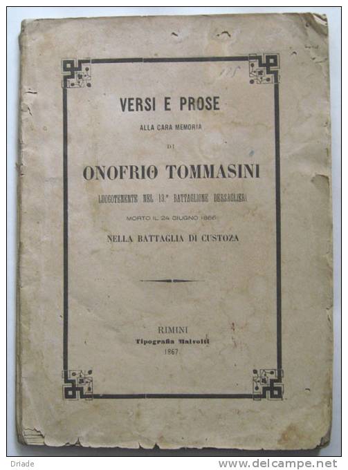 LIBRO VERSI E PROSE MILITARE ONOFRIO TOMMASINI BATTAGLIONE BERSAGLIERI RIMINI  1867 - Libri Antichi