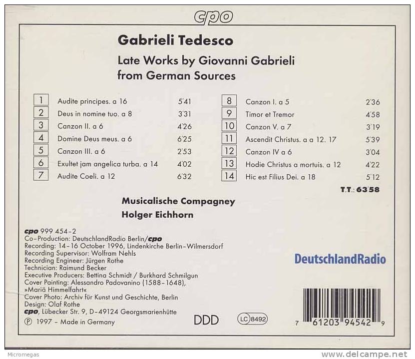 Gabrieli Tedesco : Late Works, Musicalische Compagney - Klassik