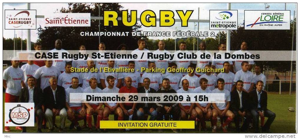 Billet Du Match ST ETIENNE/Villars Les Dombes (Fédérale 2 2008/2009) - Rugby