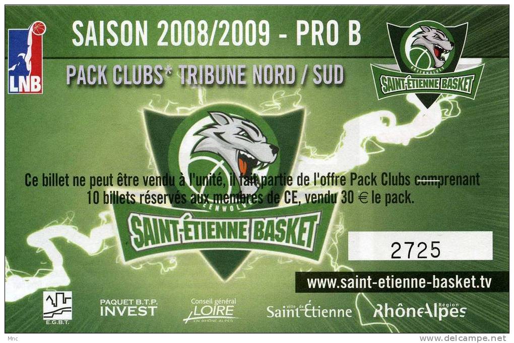 Billet De Match DeST ETIENNE-Basket  PRO B 2008/2009 - Bekleidung, Souvenirs Und Sonstige