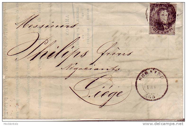 Lettre N°6 D 11 SERAING 19/2/1854 Vers LIEGE TIMBRE AU FILET MAIS NON ENTAME - 1851-1857 Medallions (6/8)