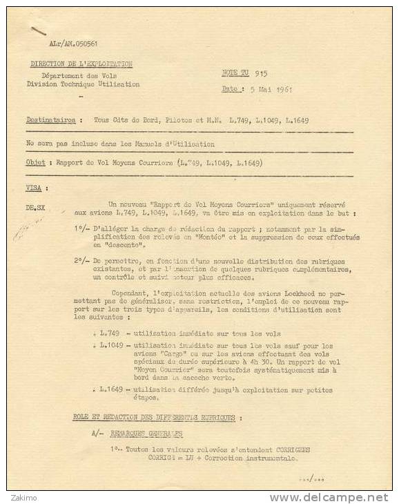 NOTE DE 1961 DIRECTION DE L EXPLOITATION DEPARTEMENT DES VOLS LE L.1649 - Handbücher