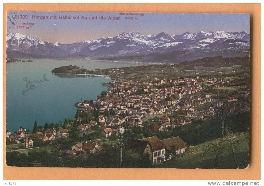 E690 Horgen Mit Halbinsel Au Und Die Alpen. Lac Zürich. Cachet Horgen 1919 Vers Carouge. Photoglob Zh 31009 - Horgen
