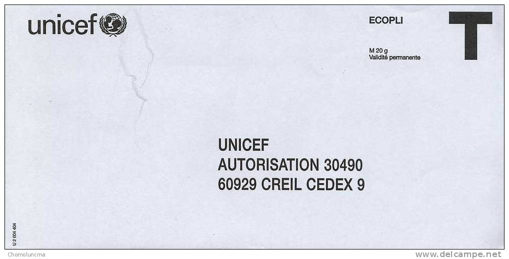 Unicef Globe Globus Mère Enfant Lauriers Ecopli Enveloppe Vierge T Creil - Cartes/Enveloppes Réponse T