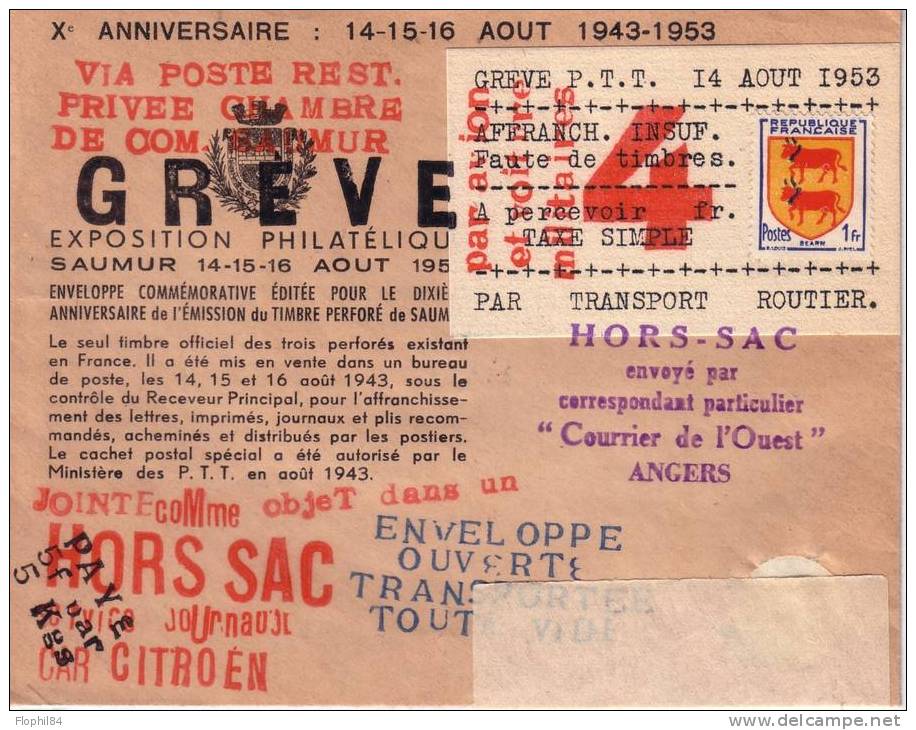 GREVE-SAUMUR 14-8-1953 SUR LETTRE-?????? - SUPERBE RECTO VERSO - Documenten