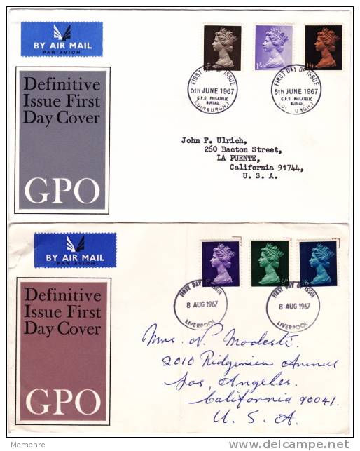 1967 Queen Elizabeth II Machin Definitives  2  FDCs To USA  SG 729, 731, 740, 742-4  (Lower Cover Folded) - 1952-1971 Pre-Decimale Uitgaves