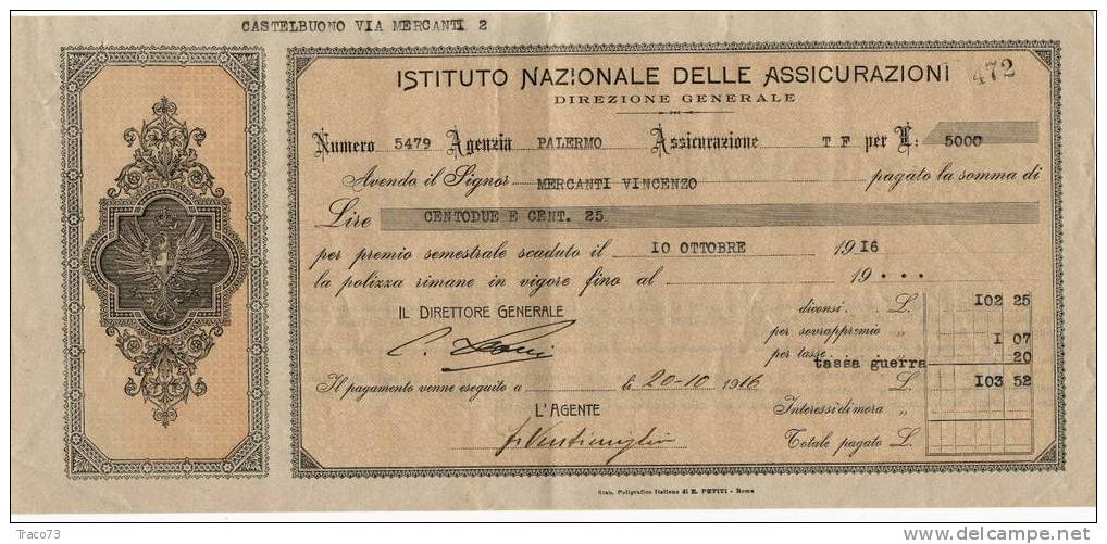 PALERMO AGENZIA - ISTITUTO NAZIONALE DELLE ASSICURAZIONI   1916 - Bank & Insurance