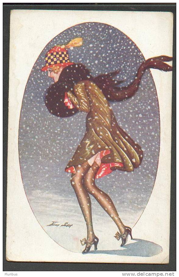 XAVIER SAGER SIGNED, SEXY LADY IN SNOWFALL, OLD   POSTCARD - Sager, Xavier