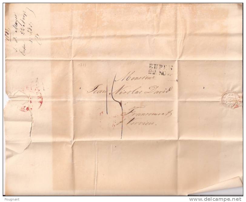 BELGIQUE : 1833:Précurseur:EUPEN Vers VERVIERS (FRANCOMONT).Griffe EUPEN 22 NOV. En Noir.Verso:VERVIERS En Rouge. - 1830-1849 (Belgica Independiente)