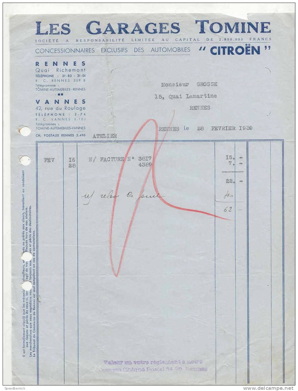 FF11- Garages Tomine, Automobiles Citroen, Vannes 56, Rennes 35 . 1939 - Automobile