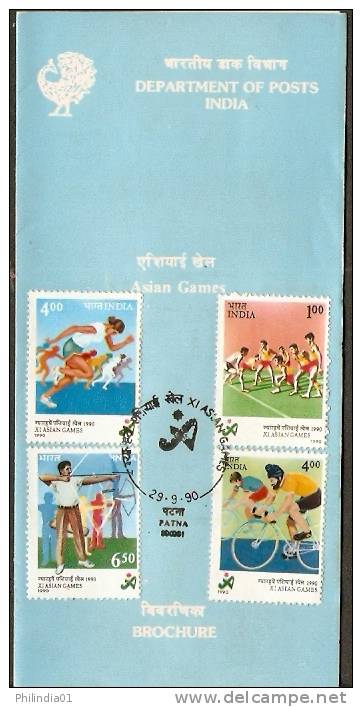 India 1990 XI Asian Games Beijing China Cycling Archery Racing Sc1325-28 Folder With Stamp & Canc. # 12930 - Zonder Classificatie