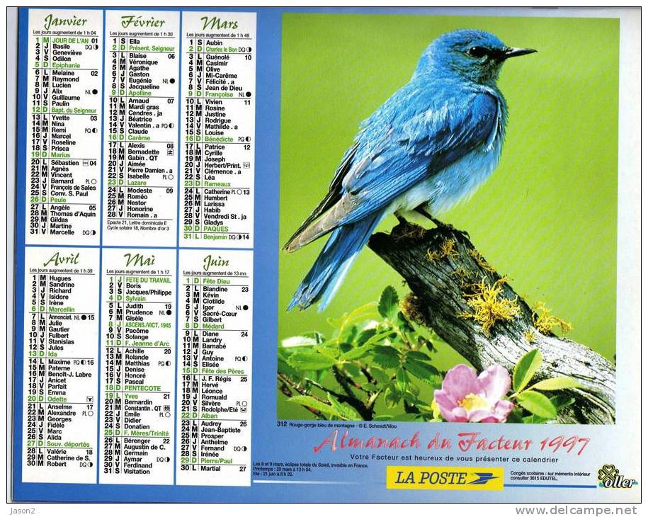 Almanach  Du Facteur  Oller 1997 Rouge Gorge Bleu De Montagne,perroquetsdepart Ement 92 ( Photos Interieur Pour Chaque M - Tamaño Grande : 1991-00