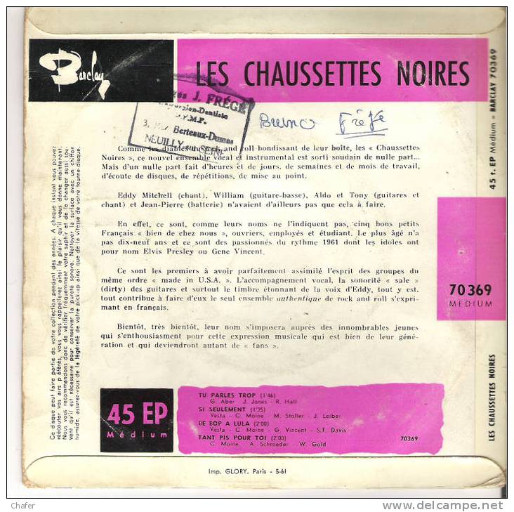 Vinyle 45 Tours - Les Chaussettes Noires - Barclay 70 369 - Tu Parles Trop - Be Bop A Lula - Disco, Pop