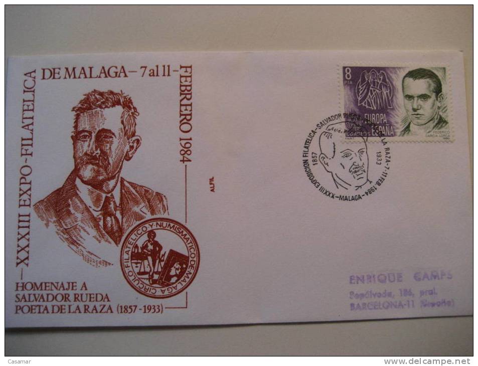 MALAGA 1984 Exp Fil Salvador Rueda Poeta De La Raza Poet Poete Poetry Matasellos Especial Sobre Cover Cacheted Lettre - Storia Postale