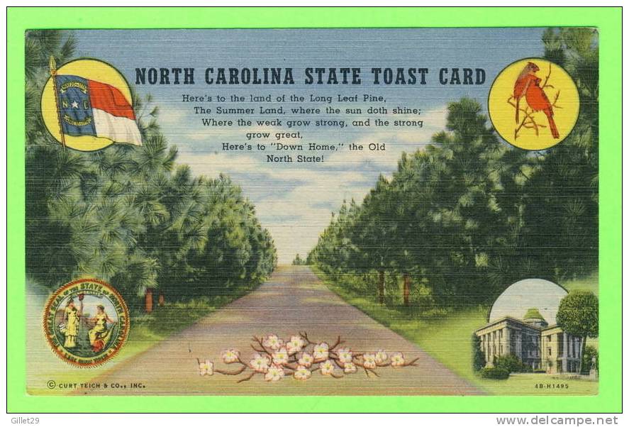 NORTH CAROLINA STATE TOAST CARD - CURT TEICH & CO INC - TRAVEL IN 1952 - - Sonstige & Ohne Zuordnung