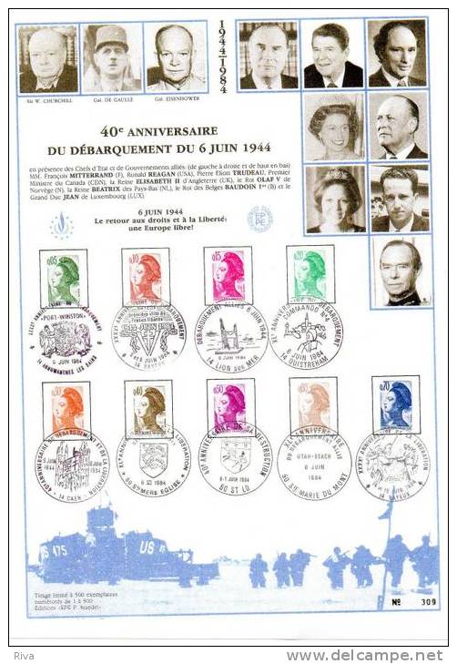 40° Anniversaire Du Débarquement Du 6 Juin 1944  Avec 9 Cachets Sur Feuille De 21/30  Tirage Limite 1 A 500 - Used