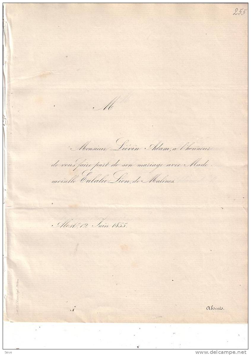 AALST MECHELEN Mariage 1855 ADAM Et LION Les 2 Faire-parts échangés - Other & Unclassified