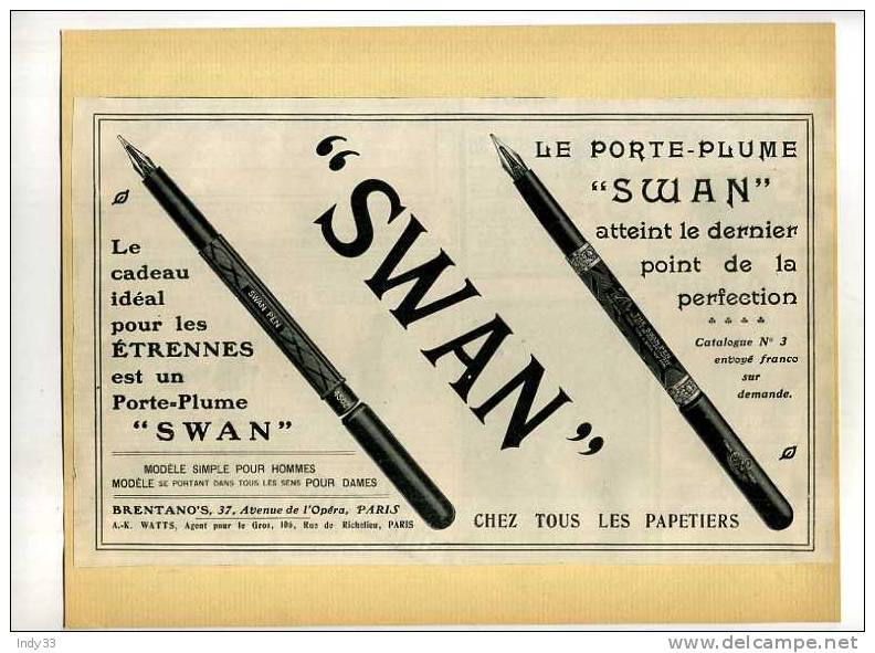 - PORTE-PLUME SWAN . PUB. DU DEBUT DU XXe S. . DECOUPEE ET COLLEE SUR PAPIER - Pens