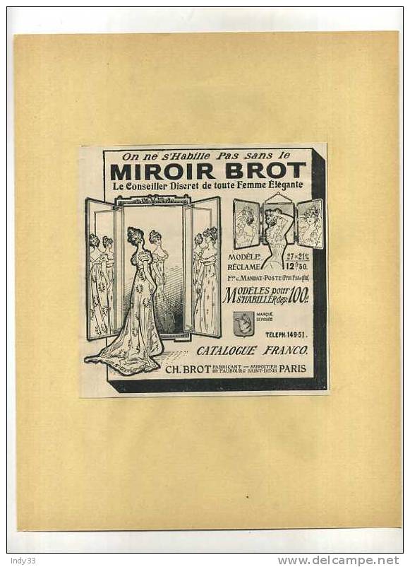 - MIROIR BROT . PUB. DU DEBUT DU XXe S. . DECOUPEE ET COLLEE SUR PAPIER - Autres & Non Classés