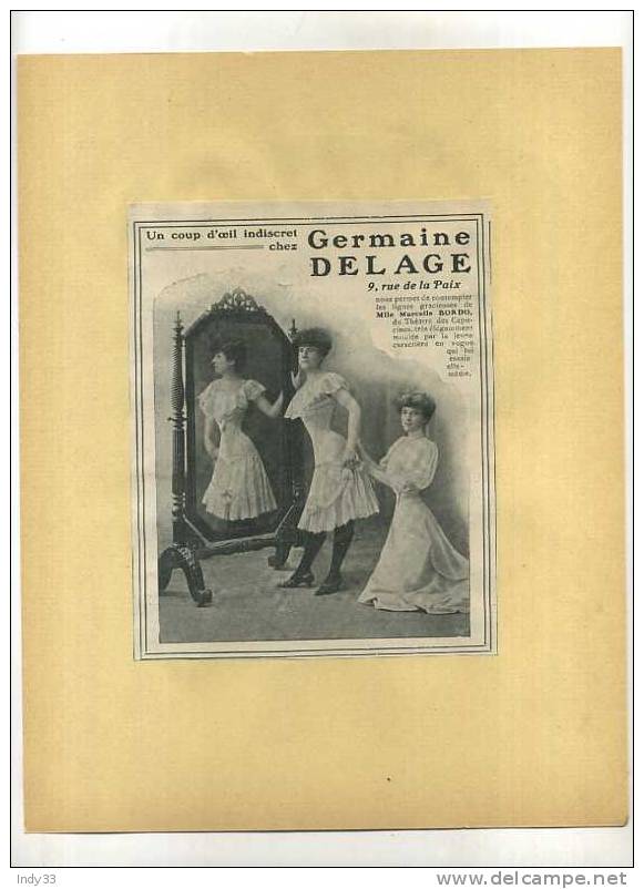 - FRANCE 75 . PARIS .  GERMAINE DELAGE . PUB. DU DEBUT DU XXe S. . DECOUPEE ET COLLEE SUR PAPIER - Autres & Non Classés