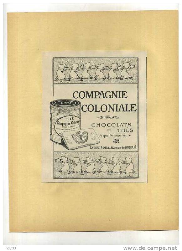 - COMPAGNIE COLONIALE . CHOCOLATS ET THES . PUB. DU DEBUT DU XXe S. . DECOUPEE ET COLLEE SUR PAPIER - Chocolade