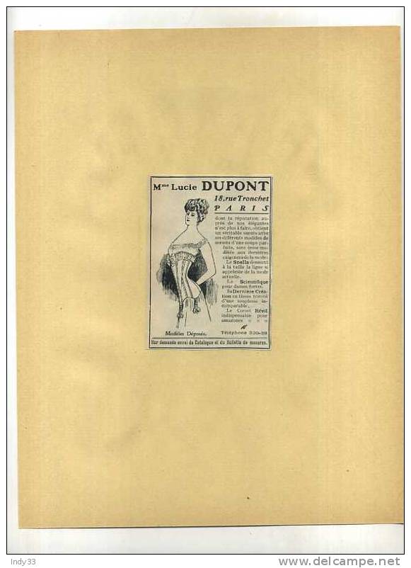 - FRANCE 75 . PARIS . Mme LUCIE DUPONT . PUB. DU DEBUT DU XXe S. . DECOUPEE ET COLLEE SUR PAPIER - Otros & Sin Clasificación