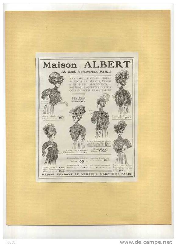 - FRANCE 75 . PARIS . MAISON ALBERT . PUB. DU DEBUT DU XXe S. . DECOUPEE ET COLLEE SUR PAPIER - Sonstige & Ohne Zuordnung