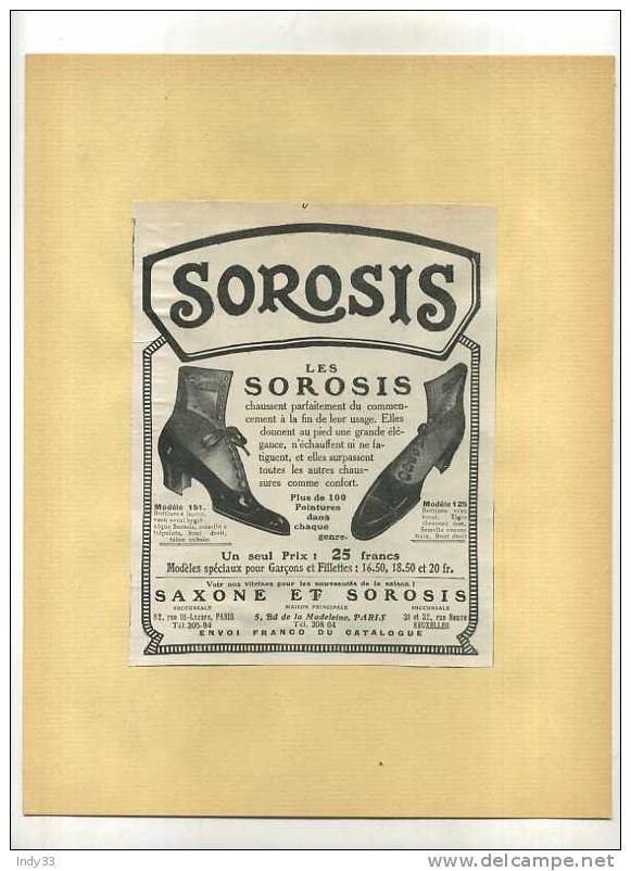 - FRANCE 75 . PARIS . SOROSIS . PUB. DU DEBUT DU XXe S. . DECOUPEE ET COLLEE SUR PAPIER - Schuhe