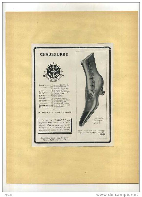 - FRANCE 75 . CHAUSSURES BISET  . PUB. DU DEBUT DU XXe S. . DECOUPEE ET COLLEE SUR PAPIER - Chaussures