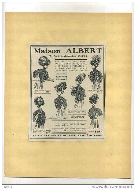 - FRANCE 75 . PARIS . MAISON ALBERT  . PUB. DU DEBUT DU XXe S. . DECOUPEE ET COLLEE SUR PAPIER - Haute Couture