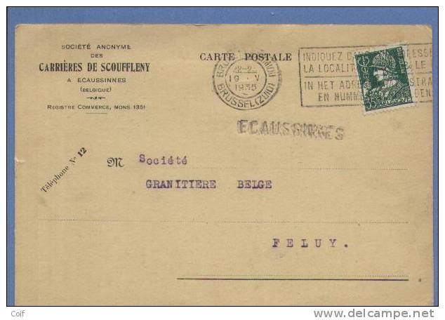 340 Op Kaart Met Stempel BRUSSEL, Met Naamstempel (griffe) ECAUSSINNES - Linear Postmarks