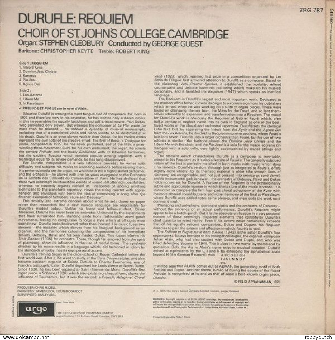 * LP *  CHOIR OF ST. JOHN'S COLLEGE, CAMBRIDGE - DURUFLE REQUIEM (U.K. 1975) - Klassiekers