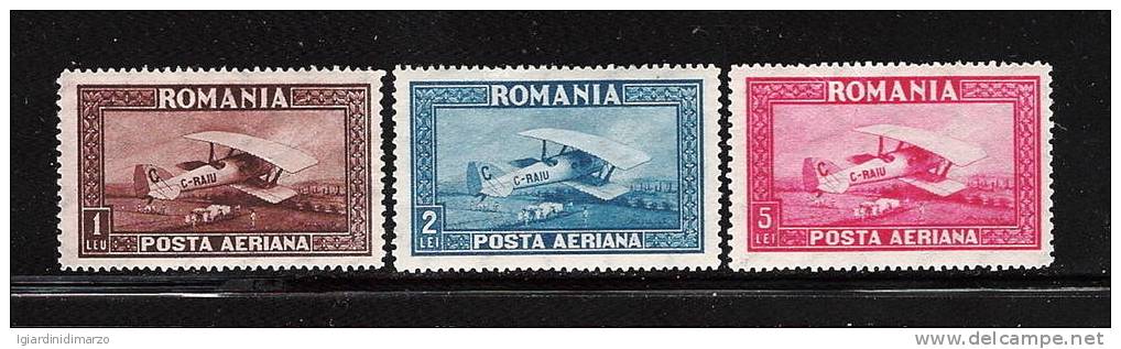ROMANIA - 1928 - 3  VALORI DI POSTA AEREA CON FILIGR.LINEE ONDULATE VERTICALI - NUOVI CON T.L. - IN BUONE CONDIZIONI. - Unused Stamps